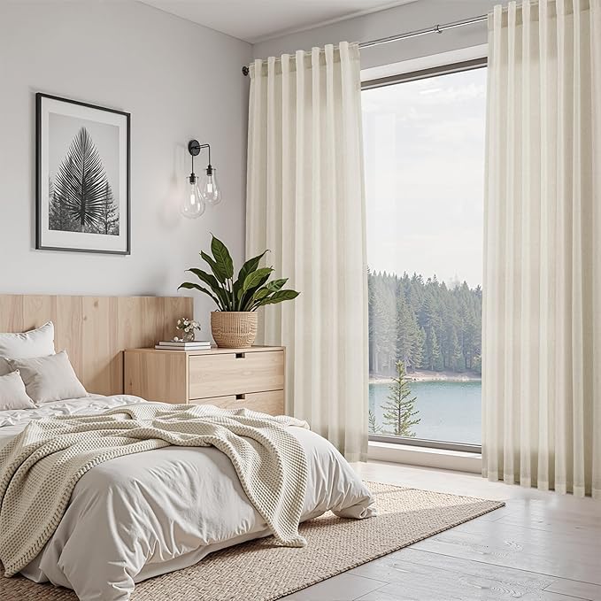 Nanspring Vanilla Linen Curtains for Living Room 108 Inches Long Modern Farmhouse Decor Light Filtering Semi Sheer Curtain Back Tab Luxury Floor to Ceiling High Window for Bedroom 52x108, 2 Panels