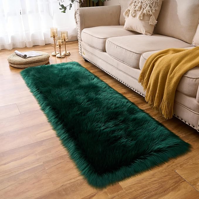 EasyJoy Ultra Soft Fluffy Rugs Faux Fur Rug Chair Cover Seat Pad Fuzzy Area Rug (2x6 ft Rectangle, Dark Green)