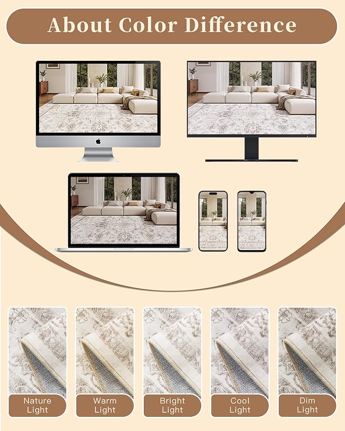 Madane Runner Rug 2x10 for Hallway, Kitchen Non-Slip Runner Rug with Rubber Backing, Vintage Soft Low Pile Throw Neutral Carpet Runner for Laundry Room Entryway Bathroom Bedroom (2 x 10, Brown/Ivory)