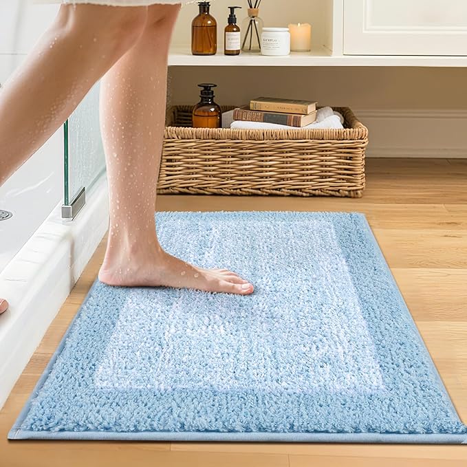 Bathroom Rugs 24x17 Non Slip Washable, Light Blue Bath Mat for Bathroom Floor Tub, Soft Absorbent Quick Dry Mats for Shower, Bathtub,Home Decor