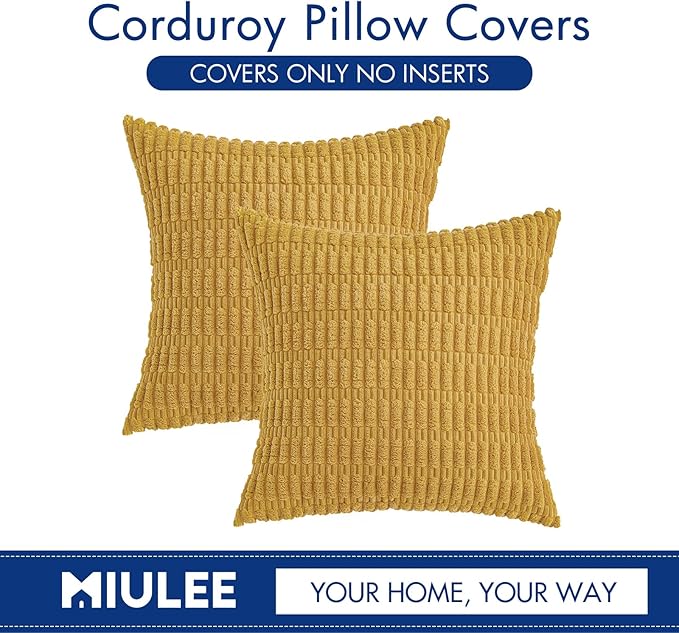 MIULEE Pack of 2 Corduroy Decorative Throw Pillow Covers 20x20 Inch Soft Boho Striped Pillow Covers Modern Farmhouse Home Decor for Summer Sofa Living Room Couch Bed Yellow