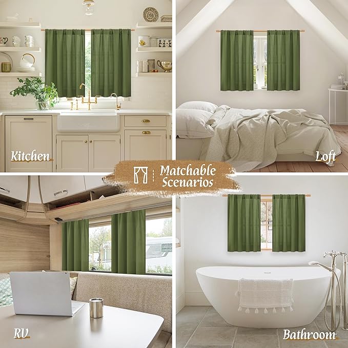 LAMIT Olive Green Linen Curtains 48 Inch for Short Windows, Soft Linen Textured Light Filtering Panels Farmhouse Boho Rod Pocket Drapes for Kitchen/Loft Room, 2 Panels, 42 x 48 Inch