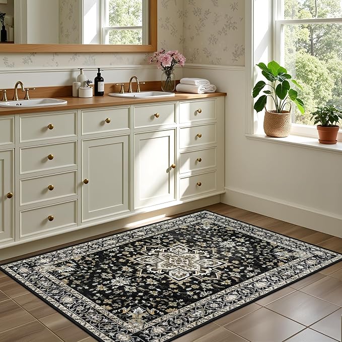 2x3 Area Rugs Living Room Rug: Washable Vintage Boho Medallion Rug No Slip Stain Resistant Soft Carpet Indoor Large Carpets for Bedroom Dining Room Farmhouse Nursery Hallway Home Office Black Gold