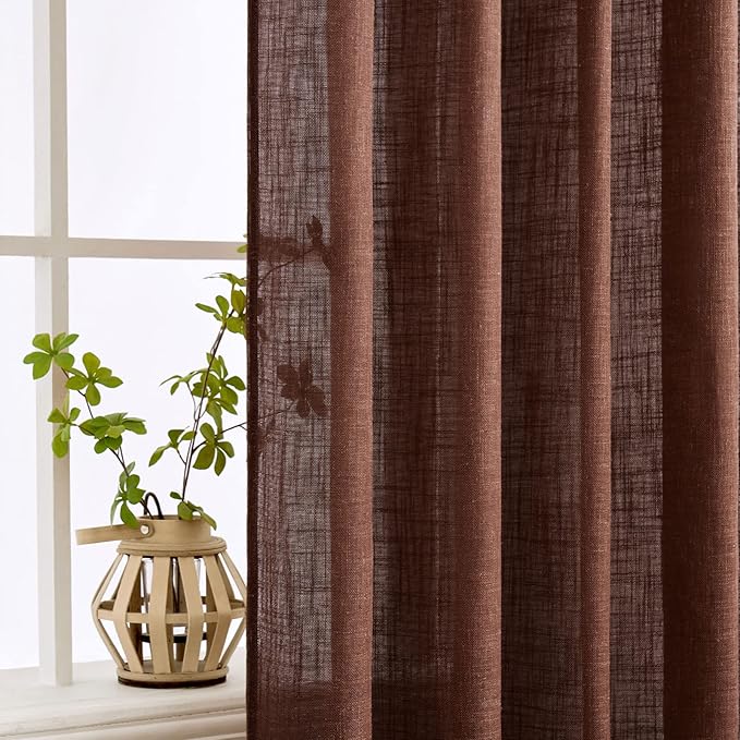 MIULEE Chocolate Brown Linen Curtains 54 Inch Length 2 Panels for Bedroom Living Room, Soft Thick Linen Textured Natural Short Window Drapes Semi Sheer Light Filtering Back Tab Rod Pocket