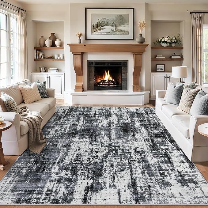 Area Rugs 10x14 Living Room - Washable Rug Modern Abstract Soft Large Neutral Non-Slip Carpet Indoor Floor Thin Carpets for Bedroom Dining Room Farmhouse Nursery Home Office Black