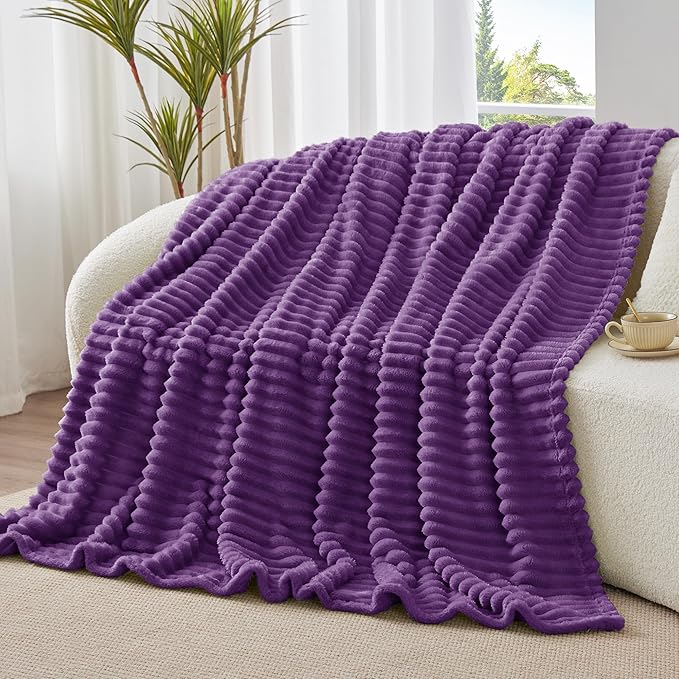 BEDELITE Twin Blanket for Couch & Bed, 300GSM Soft & Warm Fleece Blanket, Decorative and Giftable Striped Purple Blankets for Women, Men, 60"x80"