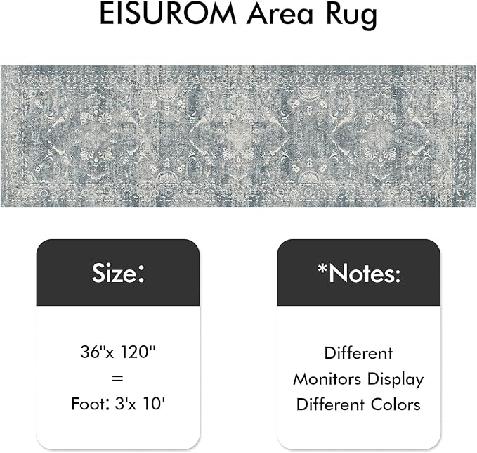 Hallway 3x10 Runner Rug - Vintage Non-Slip Long Rug for Entryway Low-Pile Washable Medallion Runner Rugs for Hallway Waterproof Traditional Runner Rug Indoor Thin Rug for Kitchen (Blue)