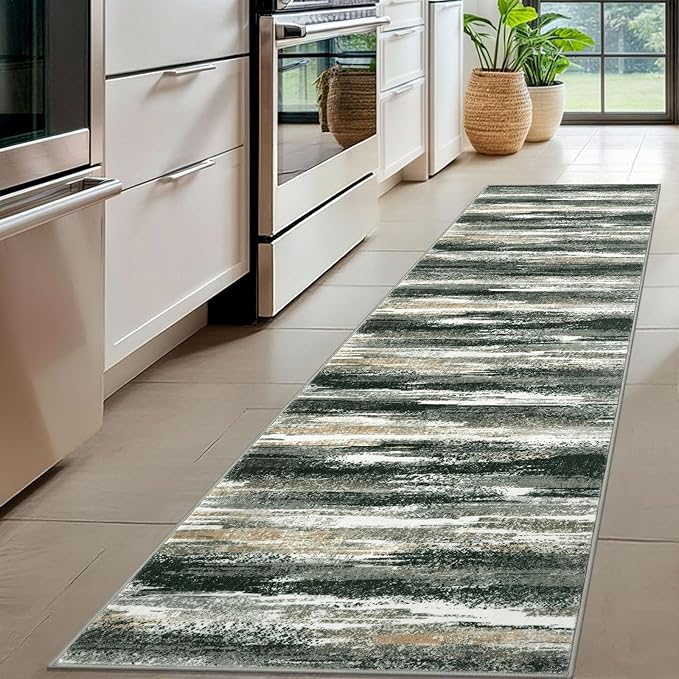 Lansny Modern Abstract Hallway Runner Rug, Forest Green Washable Kitchen Runner Non-Slip Soft 2x8 Runner Rug Thin Print Faux Wool Carpet for Entryway Bedroom Laundry Room Indoor