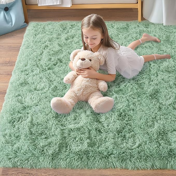Pionblank Fluffy Large Rug for Living Room 6x9 Feet, Modern Soft Shag Area Rug, Plush Fuzzy Carpet for Bedroom Girls Boys Room Home Nursery Teens Dorm Decor, Mint Green