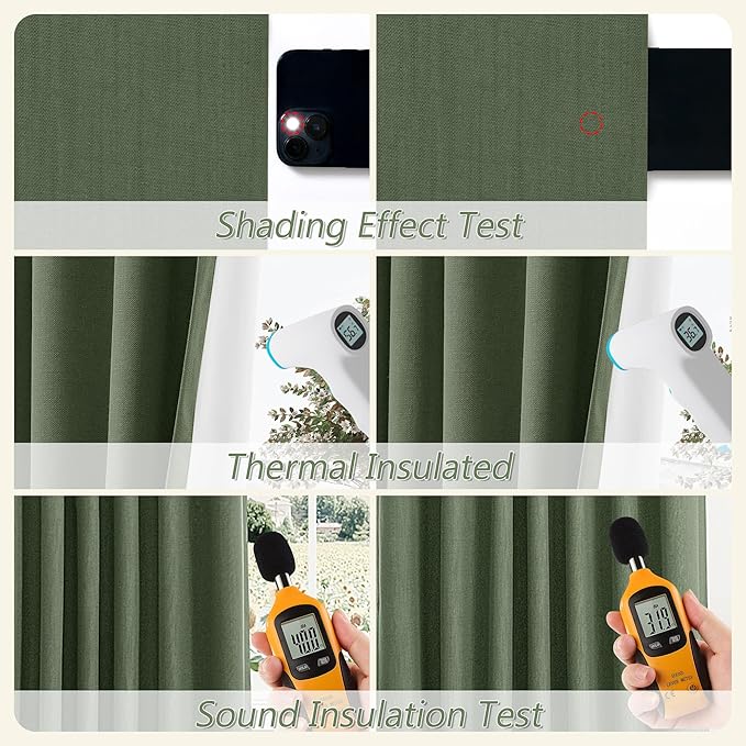 Guken Olive Green 100% Blackout Curtains 90 Inch Length 2 Panels Set for Living Room Bedroom Back Tab Thermal Insulated Black Out Linen Drapes Room Darkening Window Curtains 90 Inches Long