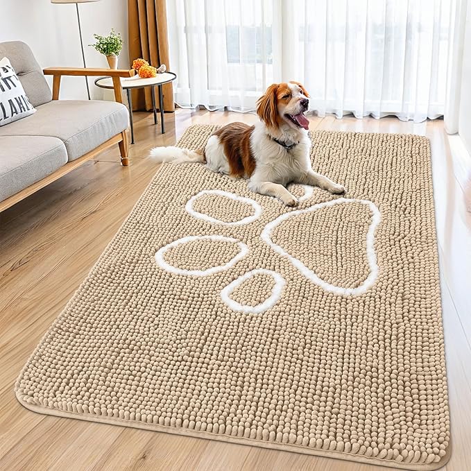 Smiry Dog Door Mat for Muddy Paws, Absorbent Dirt Trapper Non Slip Quick Dry Washable Chenille Mat for Mud Dogs, Entry Rug for Indoor and Outdoor (59x32 Inches, Beige and White)
