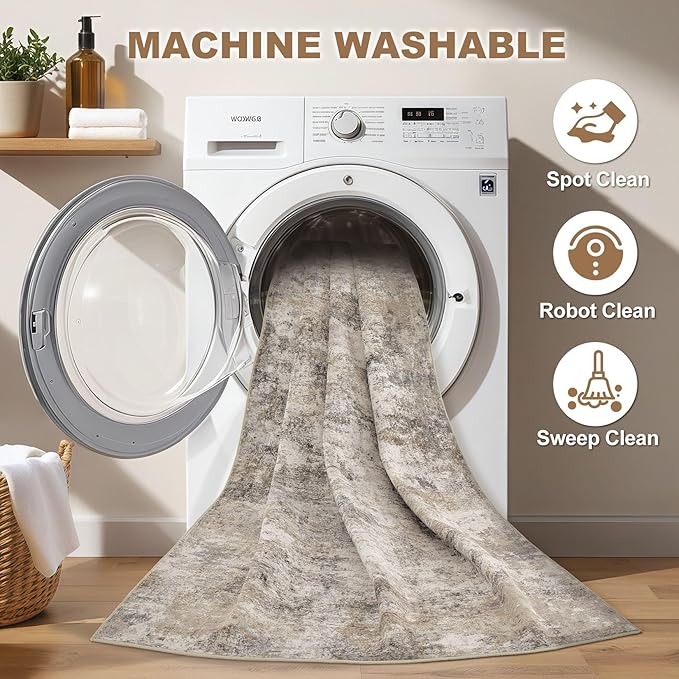 Nakagishi 7x9 Area Rugs Living Room: Washable Abstract Large Neutral Soft Rug Stain Resistant Modern Indoor Floor Non-Slip Carpet for Bedroom Nursery Kids Playroom Office Dining Room Dorm- Brown Grey