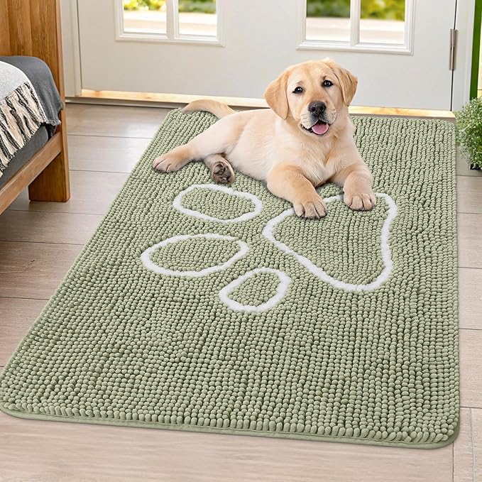 Smiry Dog Door Mat for Muddy Paws, Absorbent Dirt Trapper Non Slip Quick Dry Washable Chenille Mat for Mud Dogs, Entry Rug for Indoor and Outdoor (40x32 Inches, Sage Green and White)