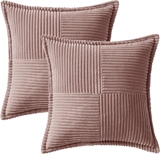 MIULEE Blush Pink Corduroy Decorative Euro Sham Pillow Covers 24x24 Inch with Splicing Set of 2 Soft Boho Pillow Covers Broadside Textured Pillowcases for Couch Bed Livingroom