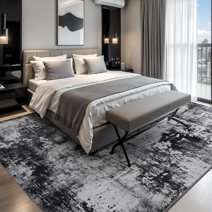Rugflix 4x6 Area Rugs for Living Room, Washable Large Rug Stain-Resistant Low Pile, Modern Dark Carpet for Dining Room Home Office Kid Room Nursery Bedroom, Black Grey