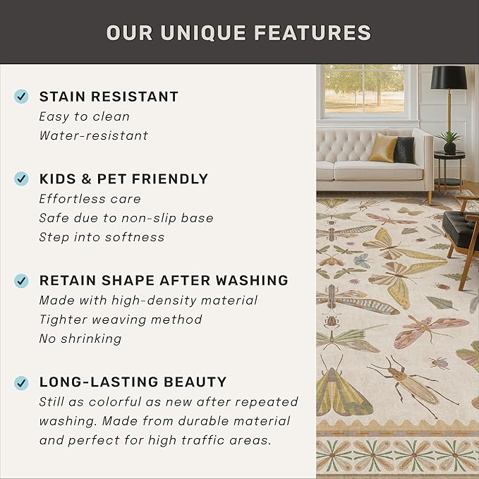 Beige and Yellow 5x7 Boho Rug for Living Room - Foyer Rugs for Entryway, Bedroom, Nursery Room, Insect Butterfly Bug Print, Washable Stain Resistant Home Décor