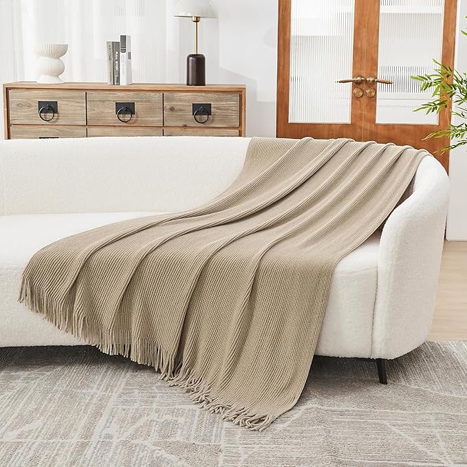 lifein Throw Blanket for Couch, Soft Boho Decor Bed Throw,Cozy Beige Knitted Chenille Small Farmhouse Lightweight Throw(Beige,50 * 60")