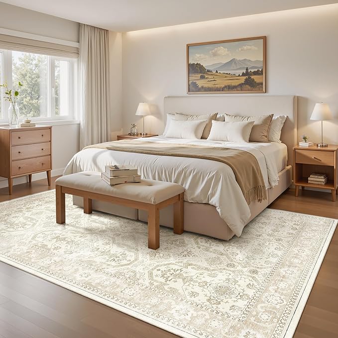 Area Rugs 5x7, Washable Rug, Stain Resistant 5x7 Area Rugs for Living Room Bedroom Dining Room, Vintage Gray Farmhouse Rug Beige