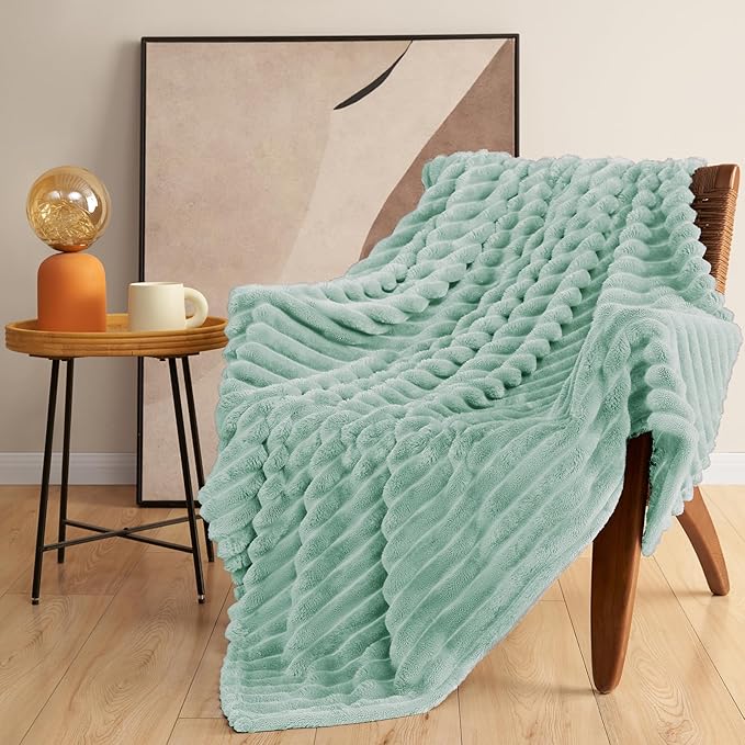 HIMEET Sage Green Ribbed Throw Blanket for Couch - 300GSM Lightweight Soft Fleece Blanket for Women, Cozy Blankets for Mothers Gifts, Striped Spring Home Room Decor, Sage Green, 50x60 Inches