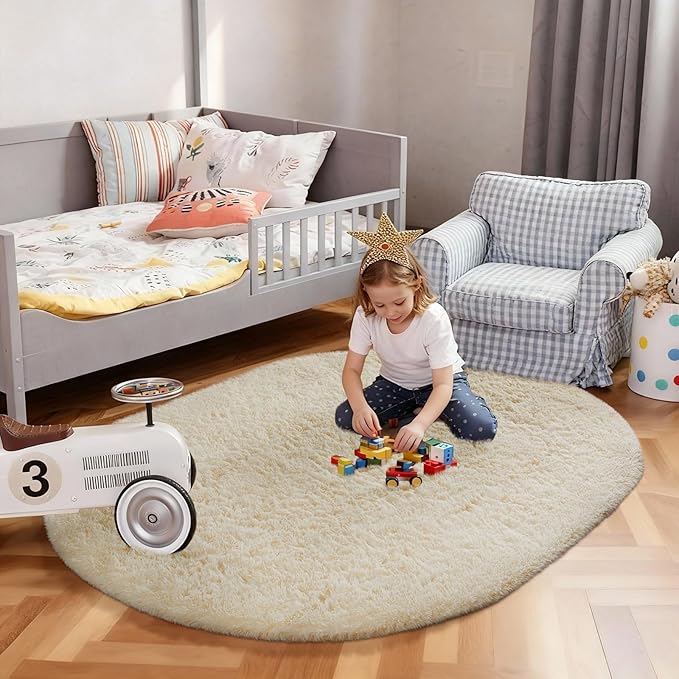 Ophanie 4x6 Oval Ivory Rugs for Bedroom Living Room, Fluffy Fuzzy Furry Carpet, Plush Soft Shaggy Bedside Indoor Floor Area Rug for Kids Girls Boys Baby Teen Dorm Nursery Home Decor Aesthetic