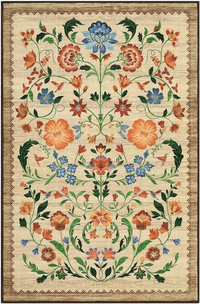GarveeHome Floral Rug for Entryway 2x3 Rugs Machine Washable Boho Small Area Rug Non-Slip Low-Pile Front Door Soft Mat for Entrance, Bedroom, Kitchen, Laundry, Bathroom, Beige