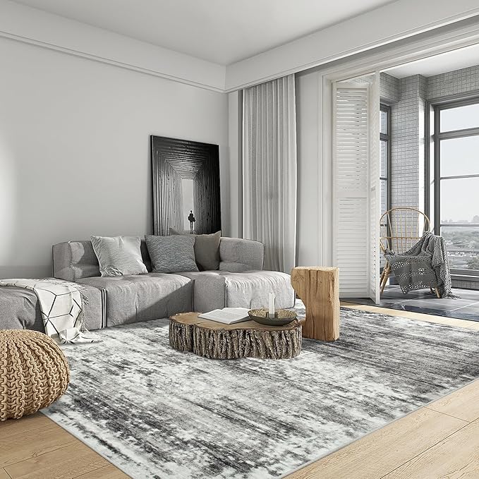 4x6 Area Rugs Washable Rug: Modern Abstract Living Room Rug Soft Anti-Skid Thin Carpet Indoor Floor Non-Shedding Carpets for Bedroom Dining Room Farmhouse Nursery Home Office - Black Grey