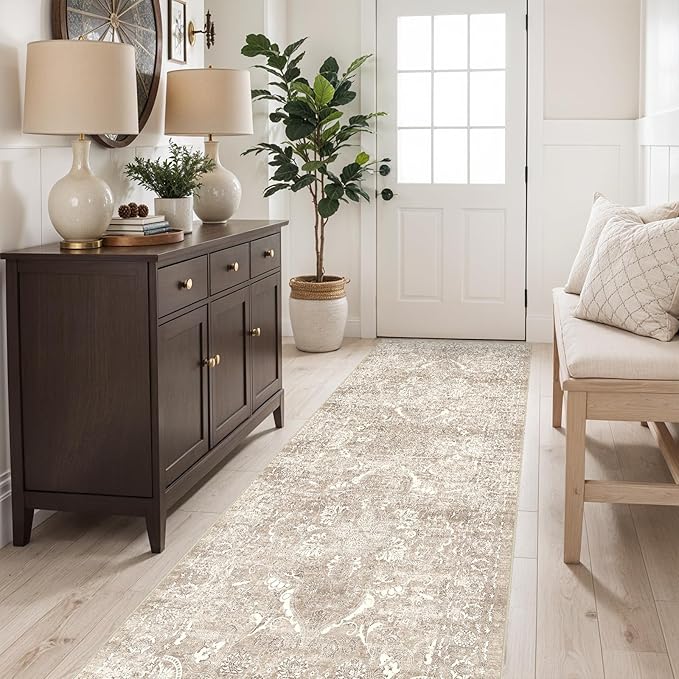 2'6"x8' Washable Hallway Runner Rug - Non Slip Kitchen Runner Rugs with Rubber Backing Vintage Low-Pile Carpet Runners for Entryway Dining Room Laundry Room Home Decor (Beige)