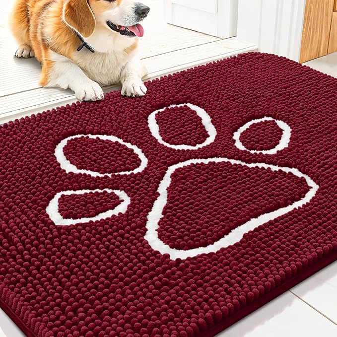 Smiry Dog Door Mat for Muddy Paws, Absorbent Dirt Trapper Non Slip Quick Dry Washable Chenille Mat for Mud Dogs, Entry Rug for Indoor and Outdoor (30x20 Inches, Burgundy and White)