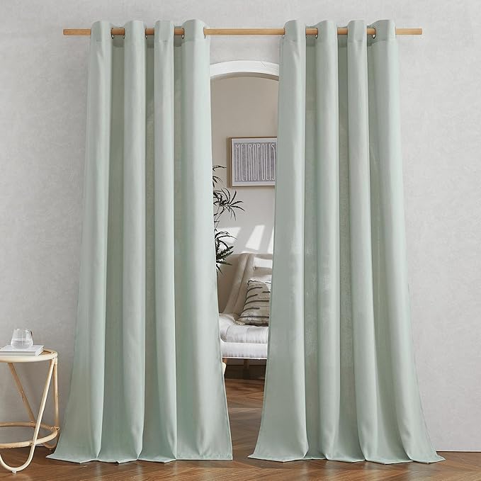 NICETOWN Thick Linen Sage Green Curtains 90 inches Long, Grommet Flax Linen Blend Window Treatments Privacy with Light Filtering Drapes for Bedroom/Kids Room, W55 x L90, 2 Panels