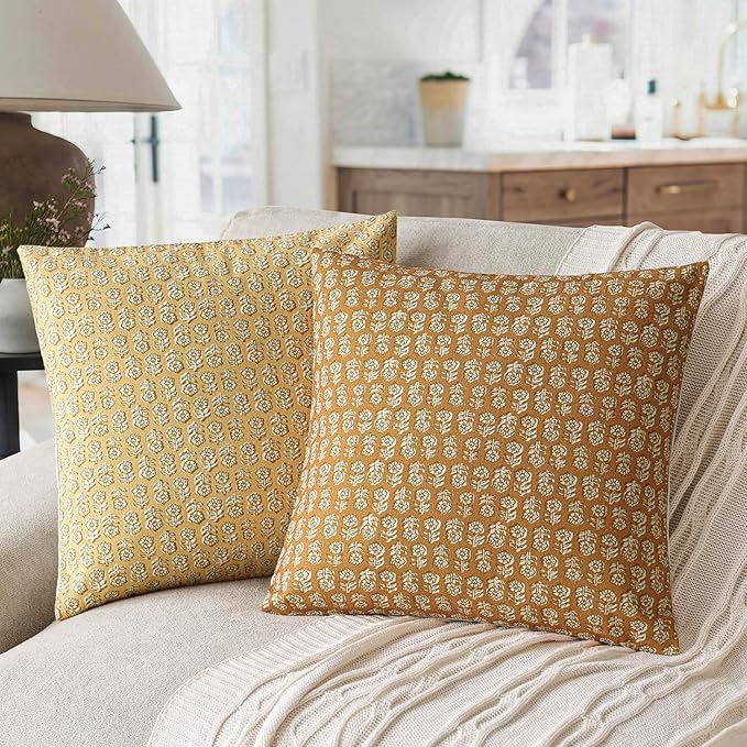Foindtower Set of 2 Decorative Vintage Floral Print Throw Pillow Covers Neutral Modern Farmhouse Cushion Cover Boho Home Decor For Sofa Couch Chair Bedroom Living Room Outdoor,22×22 Inch,Golden Orange