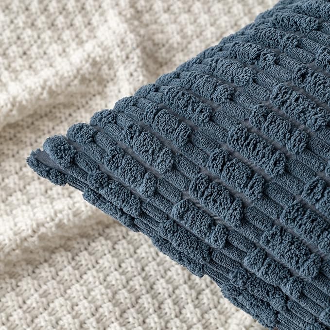 MIULEE Pack of 2 Corduroy Decorative Throw Pillow Covers 18x18 Inch Soft Boho Striped Pillow Covers Modern Farmhouse Home Decor for Summer Coastal Sofa Living Room Couch Bed Blue