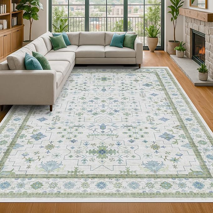 Cream Green Large 8x12 Area Rug for Living Room - Washable Non Skid Geometric Floral Carpet for Dining Room, Playroom, Bedroom - Blue and Green Soft Floral Rug