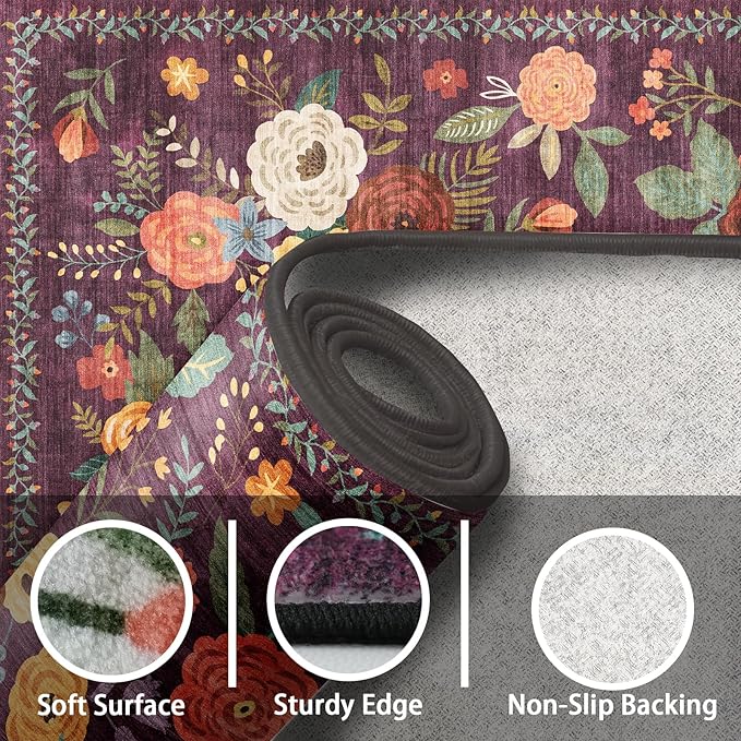 Area Rug 4x6 Rug Washable Boho Rugs Non Slip Low Pile Floral Small Carpet for Bedroom, Bedside, Kids Room, Office, Dining Room(4 x 6, Purple Lawn)