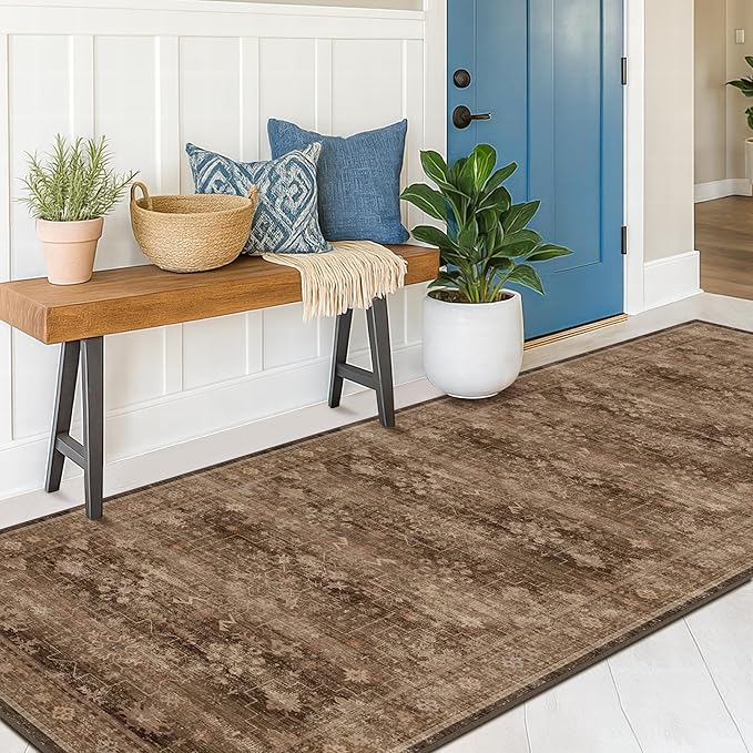 Washable 10ft Long Runners for Hallways, Brown 2'6"x10' Wide Kitchen Runner Rug, Entryway Indoor Rug, Non Slip Rubber Backing Boho Vintage Dark Floor Decor