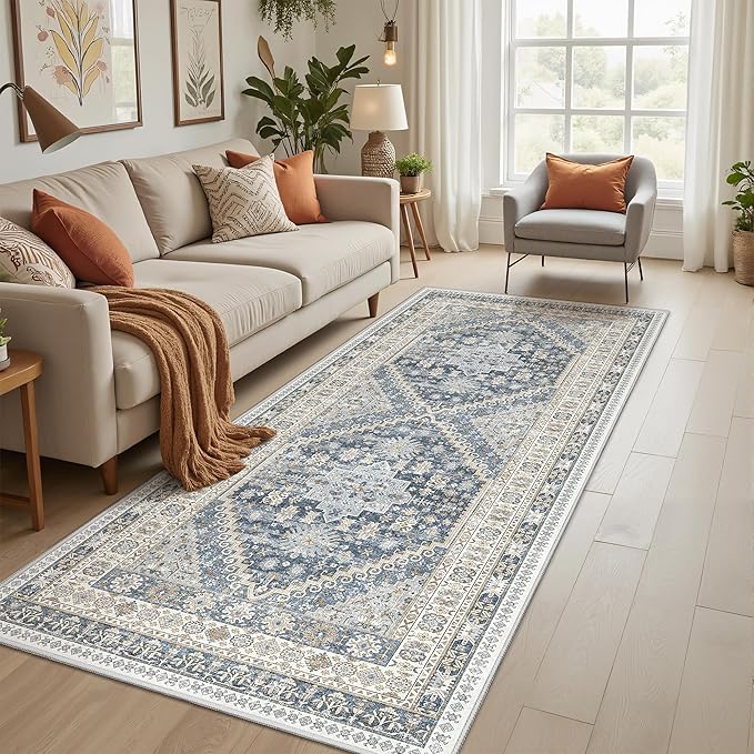 3x8 Runner Rug Non Slip Washable for Entryway, Front Porch, Vintage Hallway Runner for Laundry Room, Bedroom, Stain Resistant Thin Indoor Kitchen Mats for Floor(Blue/Beige,3'x8')
