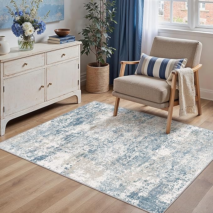 Blue 3x5 Area Rug Washable Abstract Office Carpet Modern Neutral Non Slip Indoor Entry Soft Low Pile Contemporary Aesthetic Door Mat Bedroom Throw Rug for Kitchen Laundry Dining Room