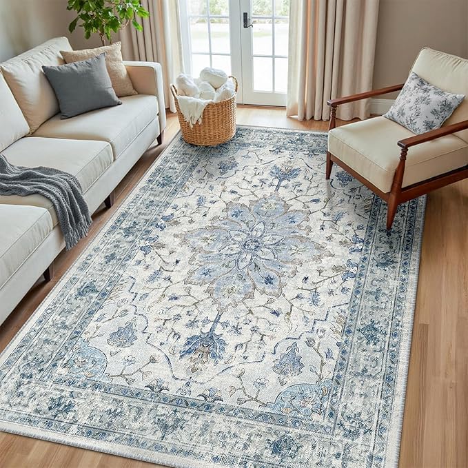 Area Rugs 6'x8' Washable Non-Slip, Floral Vintage Distress Print Pattern Medallion Carpet for Living Room Bedroom Dining Room, Light Blue Navy Beige Gray White