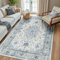 Area Rugs 6'x8' Washable Non-Slip, Floral Vintage Distress Print Pattern Medallion Carpet for Living Room Bedroom Dining Room, Light Blue Navy Beige Gray White