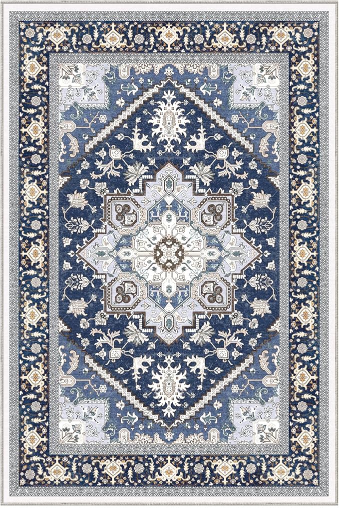 OPPODREAM Soft Throw Rugs 2x3, Small Washable Entryway Rugs 2 x 3 with Non Slip Backing, Low-Pile Faux Cashmere 2 x 3 Carpet, Navy Blue & Gold
