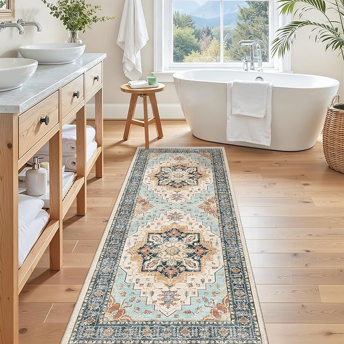 Madane Washable Runner Rug - 2x6 Rug Runners for Hallways 6 Foot Non Slip Vintage Kitchen Runner Rug Ultra-Thin Bathroom Runner Rugs Carpet Laundry Room Bedroom (2x6ft, Orange/Blue)