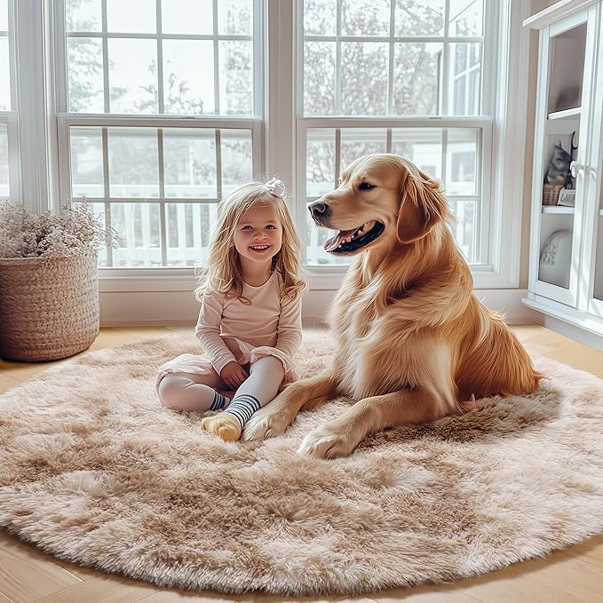 ONASAR Tie-Dye Beige Round Area Rug 4ft, Soft Bedroom Circle Rugs Floor Mats for Kids Girls Teen Room, Kawaii Fluffy Plush Shaggy Carpet for Baby Nursery Living Room Playroom Home Decor