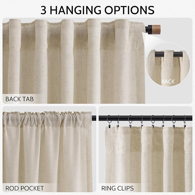 Nanspring Boho Linen Curtains 84 Inches Long for Living Room Light Filtering Semi Sheer Curtain Back Tab Eclectic Home Decor Modern Elegant Luxury Drapes for Bedroom Office 52x84,2 Panels