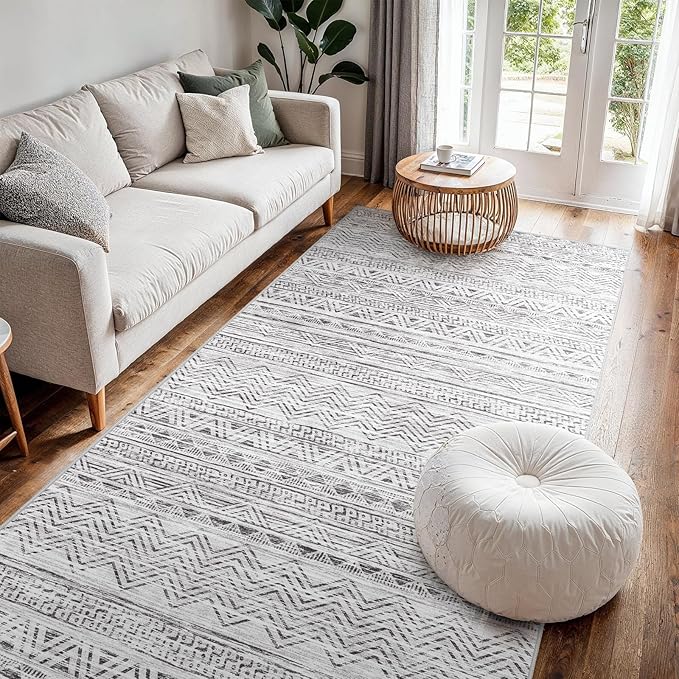 4x8 Washable Hallway Runner Rug：Moroccan Non-Slip Wide Runners for Entryway Kitchen Soft Modern Geometric Low-Pile Rugs for Living Room Thin Waterproof Carpet for Bedroom Bathroom Laundry(Grey,4x8)