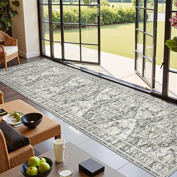 Hallway Runner Rug 2x12, Extra Long Washable Runner Rugs with Rubber Backing, Non Slip Runner, Vintage Rug Runners for Kitchen Laundry Room Entryway (Grey/Beige,2'x12')
