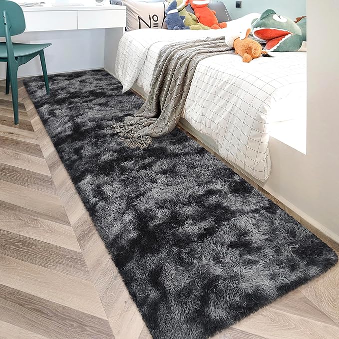 Tie-Dyed Runner Rug for Bedroom Black Grey 2x10ft Fluffy Area Rug Bedside Runner Rug for Kids Room Boys Teens Nursery Baby Living Room Dorm Home Decor Carpets