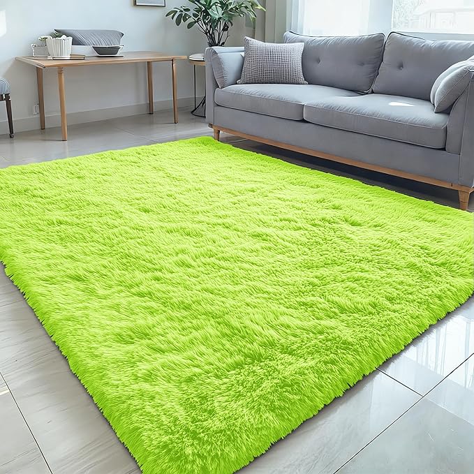 OLANLY 5x8 Machine Washable Large Area Rugs for Living Room, Bedroom, Soft Fluffy Shaggy Bedside Rug, Indoor Floor Carpet for Kids Girls and Boys, Dorms, Nursery, Home Decor Aesthetic, Lime Green