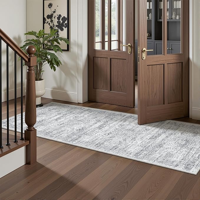 Washable Runner Rugs for Bedroom - 2x6 Runner Rug Non Slip, Ultra-Thin Entryway Runner, Soft Abstract Kitchen Runner for Hallway, Laundry, Bathroom, Indoor Door Mat(2'x6', Grey/Ivory)