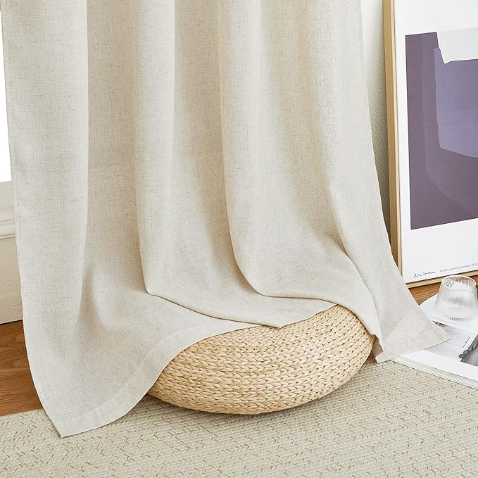 NICETOWN Linen Flax Semi Sheer Curtains 94" Length, Grommet Window Treatments Privacy Added with Light Penetration Vertical Drapes for Loft/Home Office, Natural, W55 x L94, 2 Panels