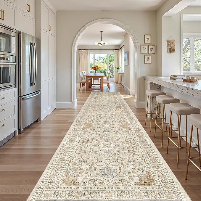 Madane Hallway Runner 3x14 - Runner Rugs 14ft Washable Entryway Rug Vintage Kitchen Runners Non Slip Indoor Area Rug Farmhouse Carpet Runner for Bathroom Living Room Bedroom, Beige/Blue