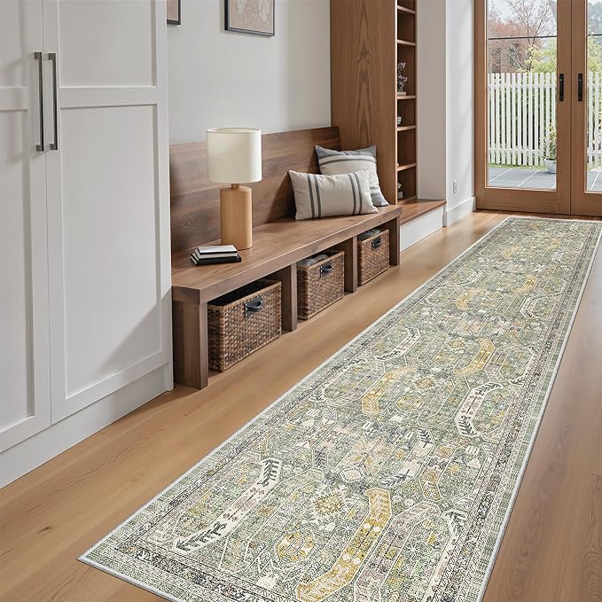 Madane Runner Rugs for Hallway 2x10 Long Washable Non-Slip Hallway Runner Rug Low-Pile Stair Kitchen Runner Soft Throw Carpet for Entrance Living Dining Laundry Room (Green/Gold, 2 x 10)